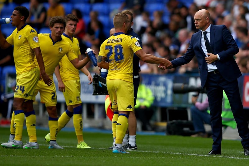Gaetano Berardi receives instructions from Leeds United manager Uwe Rosler during the Championship clash against Reading at the Madejski Stadium in August 2015.