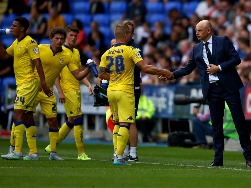 Gaetano Berardi receives instructions from Leeds United manager Uwe Rosler during the Championship clash against Reading at the Madejski Stadium in August 2015.