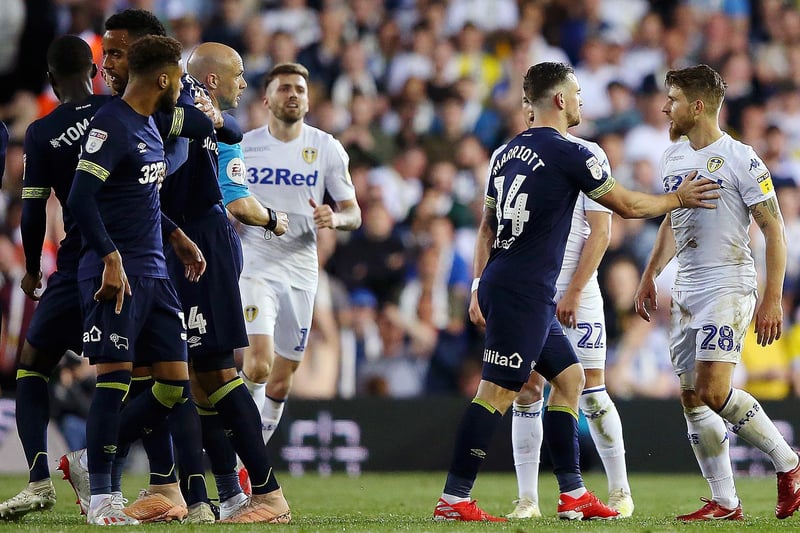 Gaetano Berardi has words with referee Anthony Taylor during the Championship play-off semi-final second leg clash against Derby County at Elland Road in May 2019.