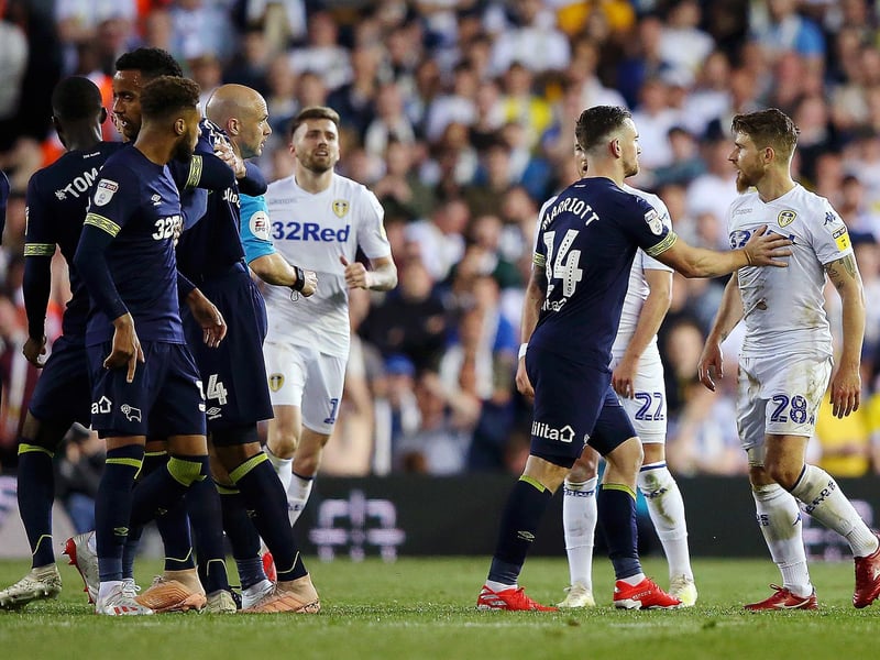 Gaetano Berardi has words with referee Anthony Taylor during the Championship play-off semi-final second leg clash against Derby County at Elland Road in May 2019.