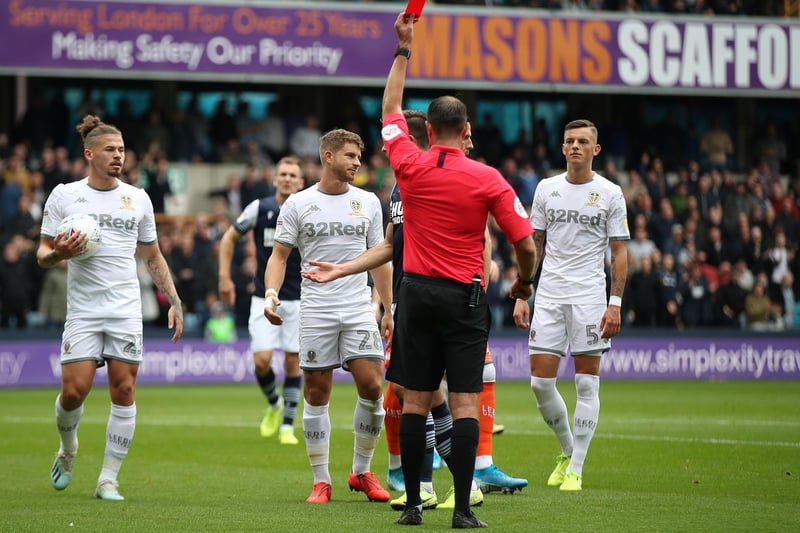 Gaetano Berardi is sent off during the Championship clash against Millwall at The Den in October 2019. The decision was overturned on appeal.