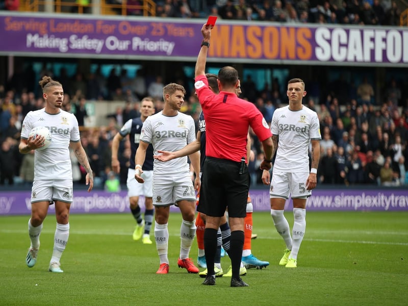 Gaetano Berardi is sent off during the Championship clash against Millwall at The Den in October 2019. The decision was overturned on appeal.