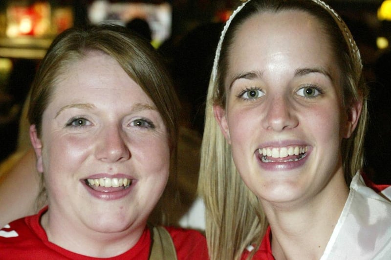 Nicola and Emma during the England v Trinidad and Tobago world cup football game at Barracuda, Halifax back in 2006.