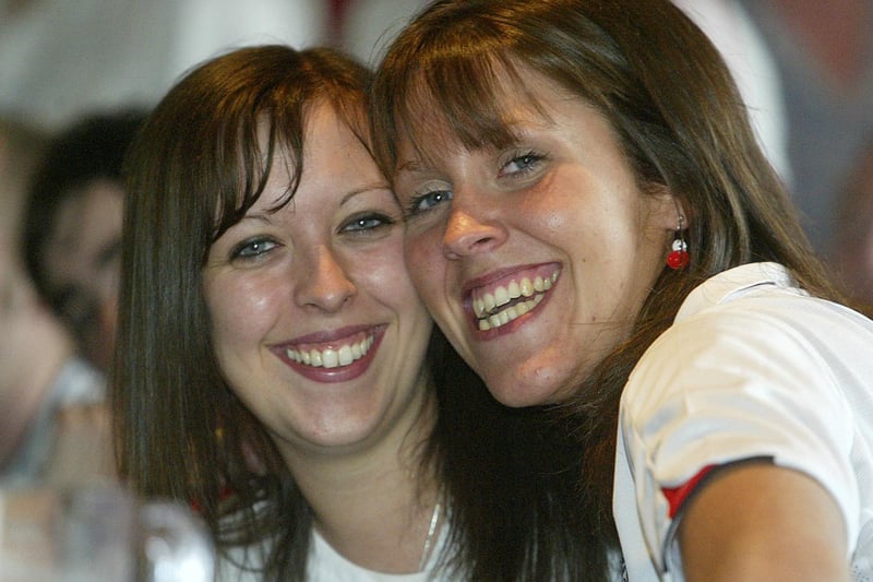 Claire and Kim  during the England v Trinidad and Tobago world cup football game at Barracuda, Halifax back in 2006.