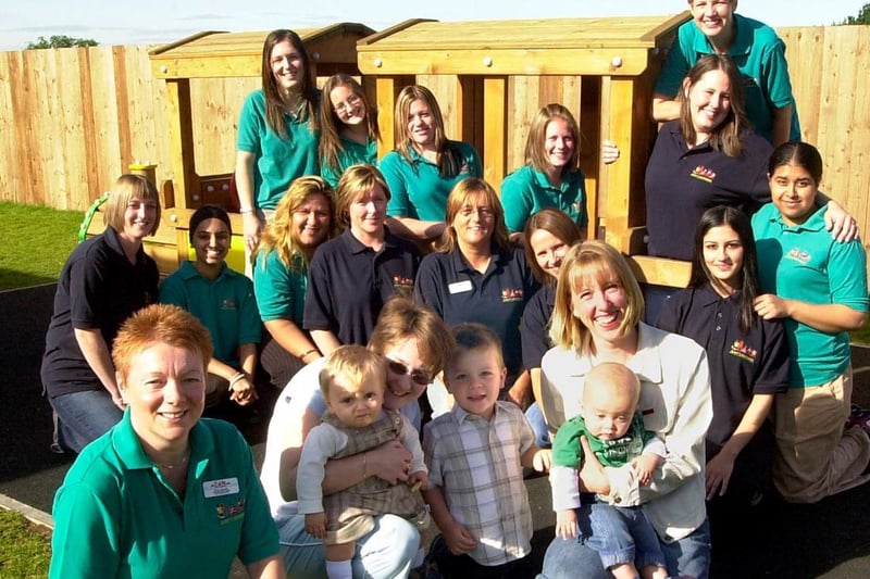 The Just Learning Childcare Centre celebrated their 1st birthday in 2005. Nursery Manager Sue Hydes (front left) and her staff said many happy returns to clients Claire Spofforth and one year old Joseph and Rachel Smith with three year old Owen and six month old Matthew.