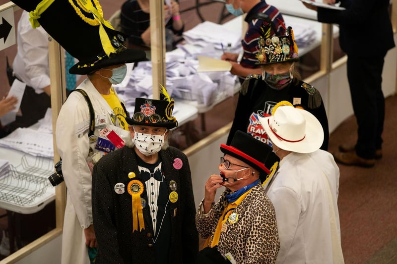 The Monster Raving Loony Party team at the Batley and Spen by-election count