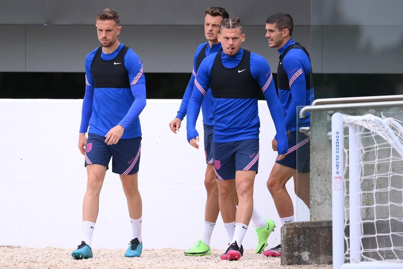 Kalvin Phillips, third from left, alongside, left to right, Jordan Henderson, Ben White and Conor Coady in an England training session the day before the Euros opener against Croatia. Photo by Laurence Griffiths/Getty Images.