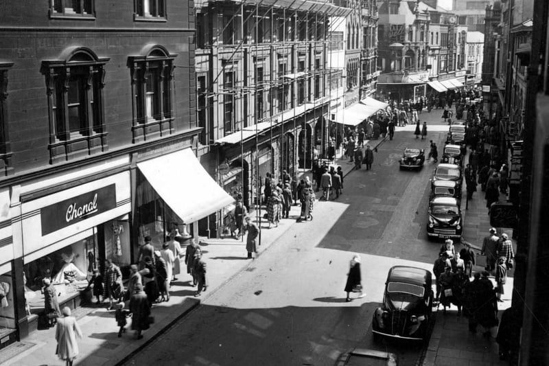 Commercial Street in April 1951. At the bottom left is Chanal ladies outfitters. Betty's cafe can be seen at the top.