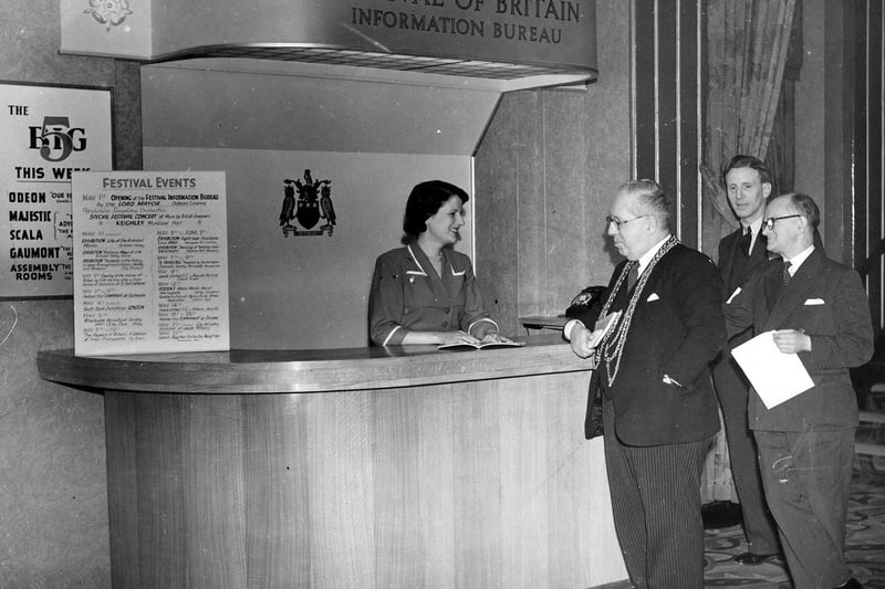 The Lord Mayor, Francis Hugh O'Donnell has arrived at the Odeon Cinema to perform the official opening of the Festival of Britain Information Bureau in May 1951.