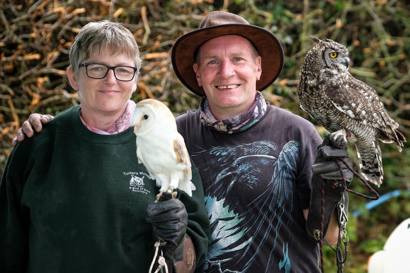 Paula and William Jackson of Turberry Woods Owl and Birds of Prey Sanctuary at the show with Bob the Barn Owl and Zaz the African Spotted Eagle Owl.