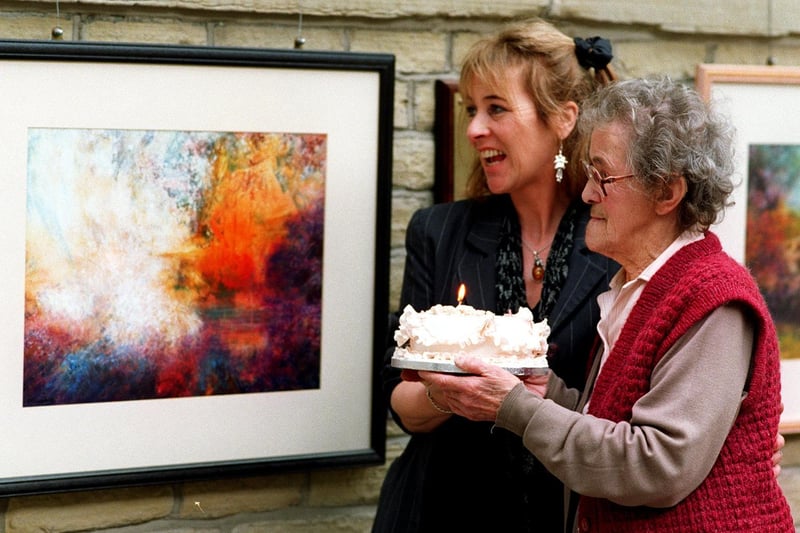 Amy Stephenson (right) an art student at Bradford and Ilkley Community College celebrates her 95th birthday with her tutor Caroline Hardaker looking at some of the paintings in the Bolton Royd Gallery at the campus.