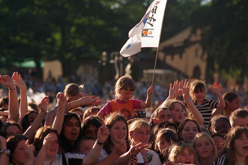 A young reveller flys the flag among a sea of music fans in July 1997.