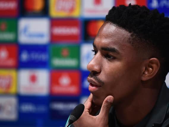 NEW ARRIVAL: Junior Firpo, pictured above in a Barcelona press conference back in December 2019, has joined Leeds on a four-year deal. Photo by MIGUEL MEDINA/AFP via Getty Images.