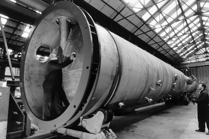 Inside H. Pontifex and Sons Ltd of Pepper Road at Hunslet in November 1993. Pictured is a  30 metre long stainless steel absorber column to be used in the chemical industry.