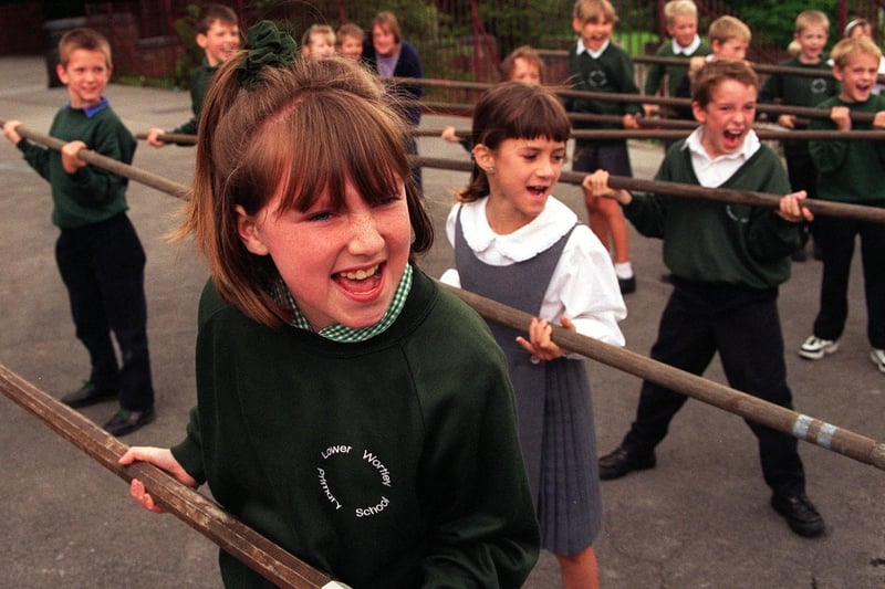 Pupils from Lower Wortley Primary try a pike attack during the Civil War display at their school in July 1997.