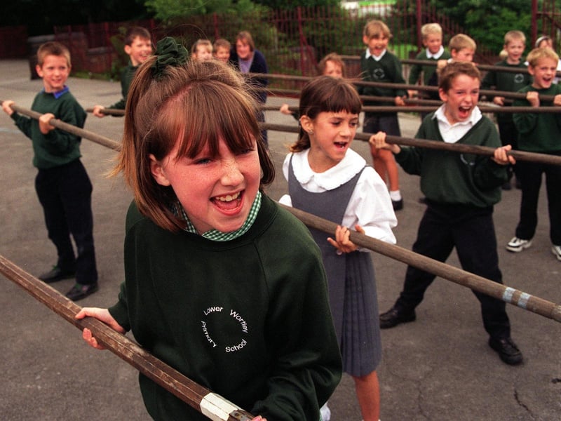 Pupils from Lower Wortley Primary try a pike attack during the Civil War display at their school in July 1997.