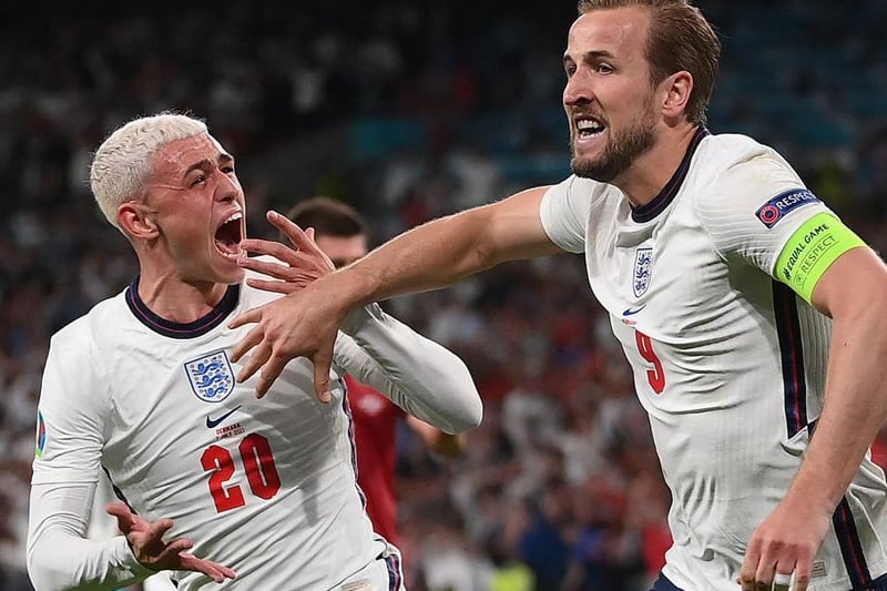 England's forward Harry Kane (R) celebrates with England's midfielder Phil Foden (L) after scoring a goal