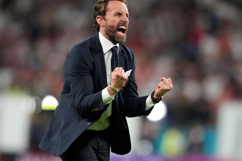 Gareth Southgate, Head Coach of England celebrates their side's victory after the UEFA Euro 2020 Championship Semi-final match between England and Denmark