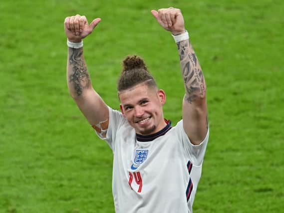 ON OUR WAY! Kalvin Phillips celebrates following victory after extra time in Wednesday night's Euro 2020 semi-final against Denmark at Wembley. Photo by JUSTIN TALLIS/POOL/AFP via Getty Images.