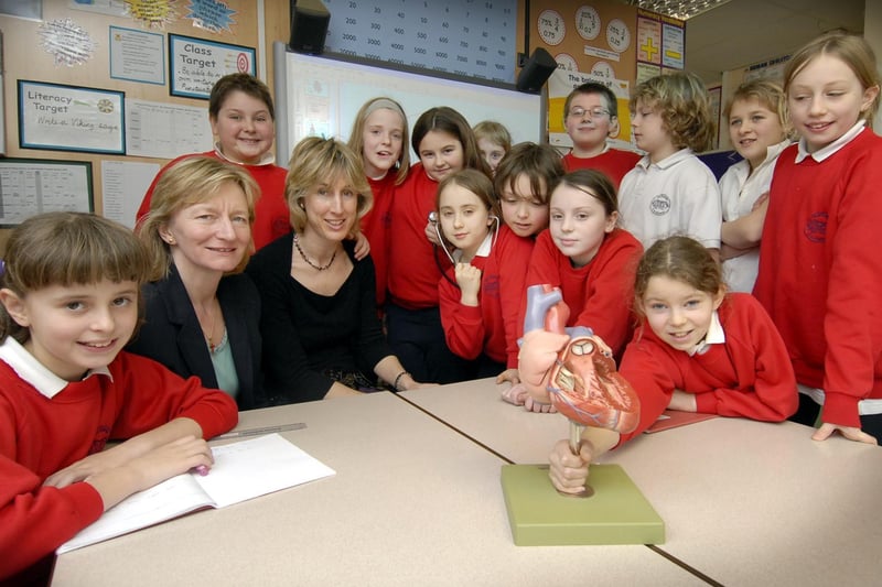 Dr Liz Noble, left, visits Hackness Primary School to talk to Years 5 and 6, with headteacher Jenny Hartley, second left.