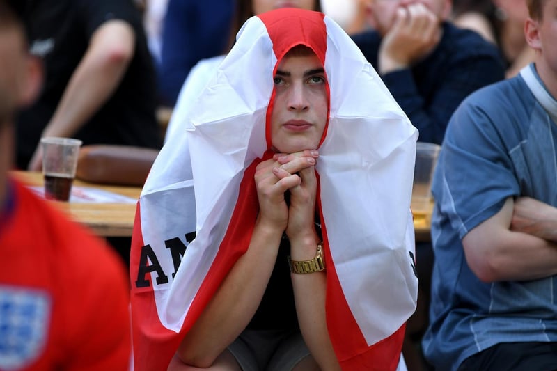The lows and highs of being an England supporter at the Preston Fan Zone semi-final match against Denmark . Denmark score.