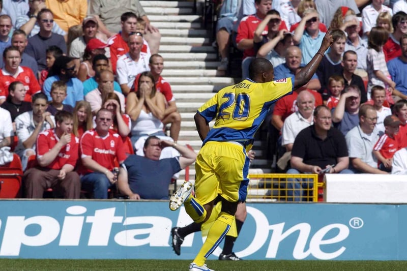 Tresor Kandol celebrates after scoring against Nottingham Forest at the County Ground in August 2007.