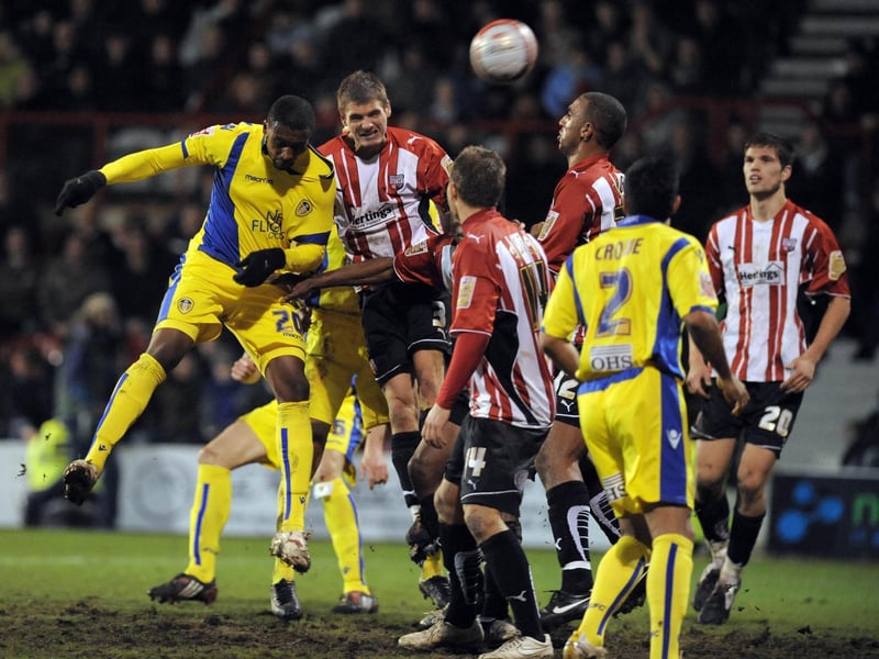 Tresor Kandol gets in a header on goal against Brentford at Griffin Park in December 2009.