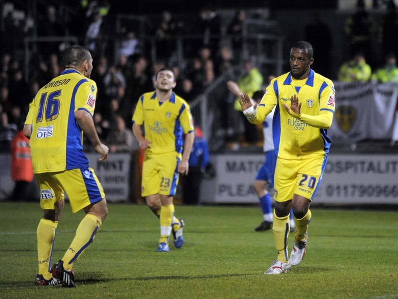 Tresor Kandol celebrates scoring against Bristol Rovers in the League One clash at the Memorial Stadium in October 2009. Leeds won 4-0.