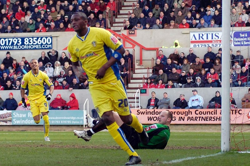 Tresor Kandol turns and celebrates after scoring the only goal of the game aainst Swindon Town at the County Ground in March 2008.