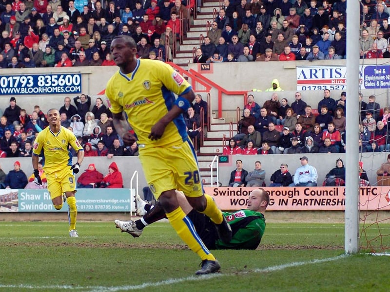 Tresor Kandol turns and celebrates after scoring the only goal of the game aainst Swindon Town at the County Ground in March 2008.