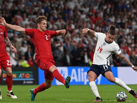 ATTEMPT: Kalvin Phillips fires in a shot at goal for England during Wednesday night's Euro 2020 semi-final against Denmark at Wembley. Photo by PAUL ELLIS/POOL/AP via Getty Images.