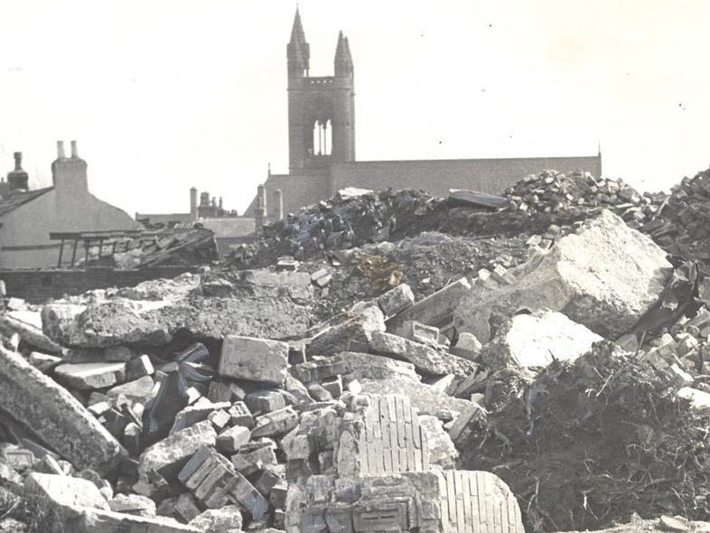 A view - from Buslingthorpe Lane - of St. Clement's Church at Sheepscar with debris from the Leeds Inner Ring Road workings in the foreground.
