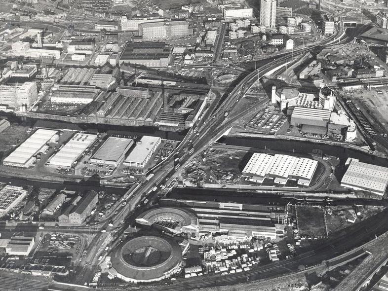 The western end starting from the bottom left near the old railway roundhouse, crossing the canal and the River Aire to the centre of this photo where the Wellington Street and Kirkstall flyover is nearing completion.
