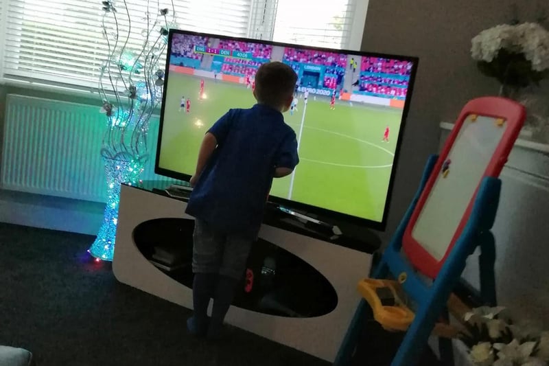 Sammy Jayne | My little lad in the away kit well top and socks the shorts was to big on him  but this is him kissing the tv soon as they score making it 1-1 against Denmark  good luck England in the finals whatever will be will be you done well lads