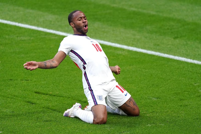 England's Raheem Sterling celebrates scoring their side's first goal of the game during the UEFA Euro 2020 Group D match at Wembley Stadium