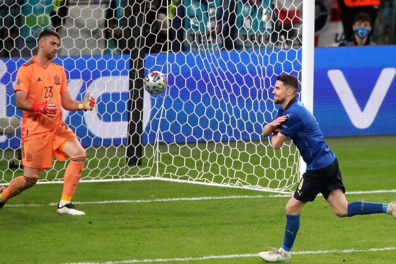 Italy's Jorginho (right) celebrates scoring the winning penalty during the UEFA Euro 2020 semi final match at Wembley Stadium