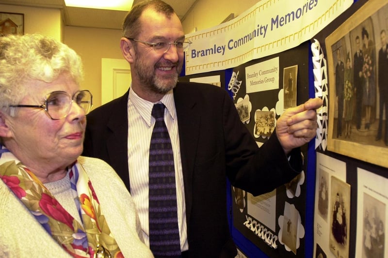 MP John Battle is pictured with Jeanne Major looking at some of the pictures at the Bramley Community Memories Group in January 2001.