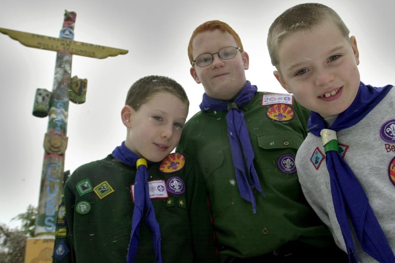 2nd Bramley Scouts created a Totem pole in January 2001. Pictured admiring their work are Keiron Whiteley (left), Daryl Kay and Adam Frost.
