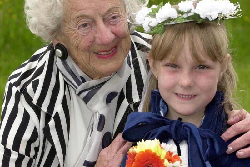 Former Bramley Primary headteacher Marjorie Bamforth visited the school to crown May Queen Laura Faulkingham.
