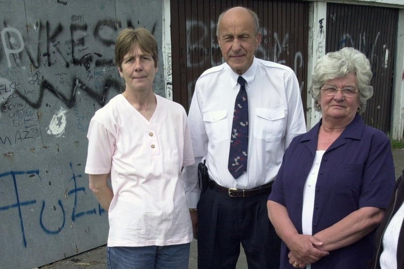 Garages on the Rossefield estate which had became a magnet for vandals were due to be demolished. Pictured in June 2001 are community leaders Carol Rennard, Michael Daniels, Audrey Maskill and Mavis Boyne.