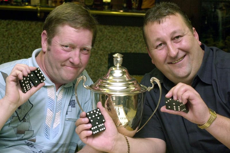 June 2001 and Peter Pearce (left) and Steve Woods are pictured at the Mainline Social Club in Bramleyafter winning the Yorkshire and National Championships at 5's and 3's.
