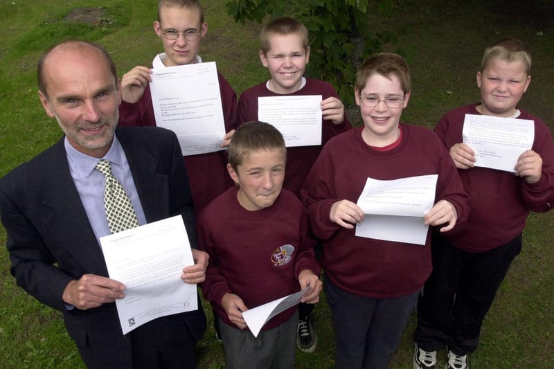Pupils at Victoria Park School wrote letters to the people of New York after the September 11 terrorist attacks. Pictured, from left, is head Peter Miller with Joseph Pearson, Paul Dearden, Robert Wright, Jonathan Chapman, Richard Battensby.