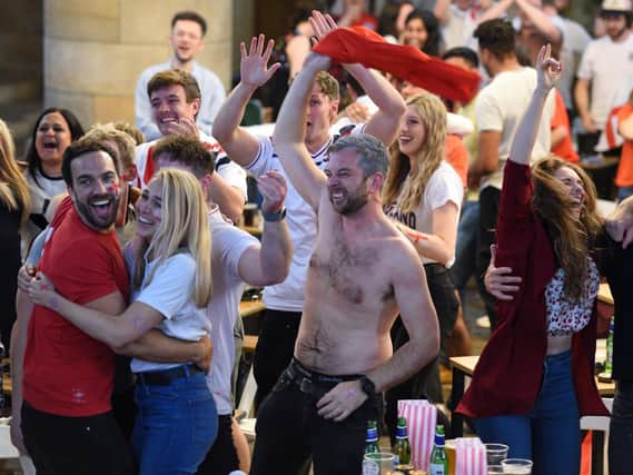Celebrations at Left Bank Leeds as England score first.
Picture Guzelian.