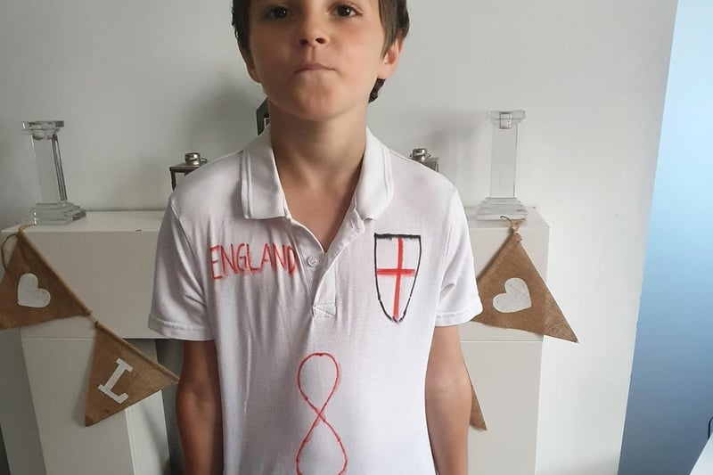 Charlie with his homemade England shirt