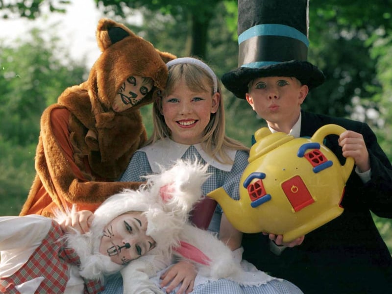 Pupils from the Beeston Primary were preparing to stage Alice in Wonderland. Pictured are Rebecca Rawson (Alice), Danielle Schofield (Cheshire Cat), Liam Smith (Mad Hatter) and Craig Dinnewell (White Rabbit).