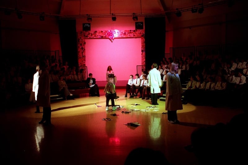 A group of a-level theatre students are pictured performing a short play ' Sugar and Spice' in the new Performing Arts Centre at Gateways School.