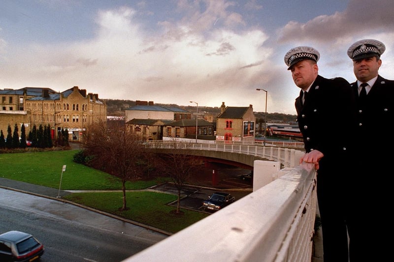 February 1997 and PC Mark Waite (left) and PC Martin Withers are pictured on the Wellington Road flyover at Dewsbury where they rescued a woman. They both received Royal Humane Society Awards.