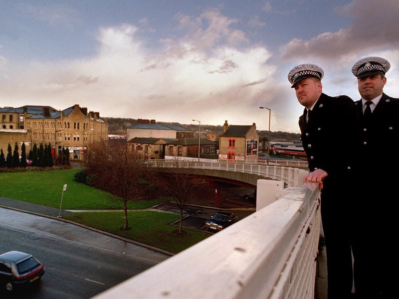 February 1997 and PC Mark Waite (left) and PC Martin Withers are pictured on the Wellington Road flyover at Dewsbury where they rescued a woman. They both received Royal Humane Society Awards.