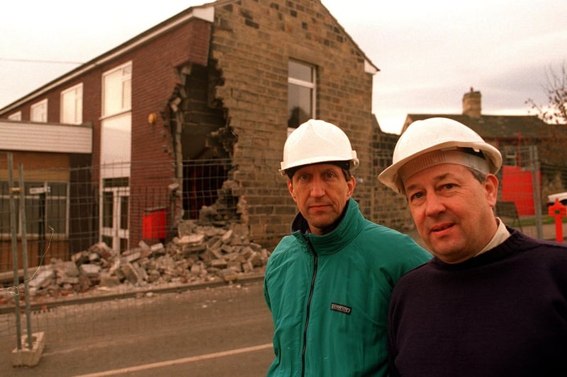 Shopfitters Martin Peel (left) and brother Richard outside their base on the High Street which was wrecked when an abandoned stolen bus careered down the hill and crashed into their building.