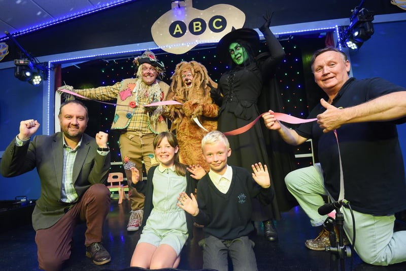The cast from North Pier's The Wizard of Oz help open the new theatre at Mayfield Primary.  They are pictured with headteacher Glyn Denton, North Pier Theatre manager Denis Askham and pupils Kadie Hayes and Alex Lloyd.
